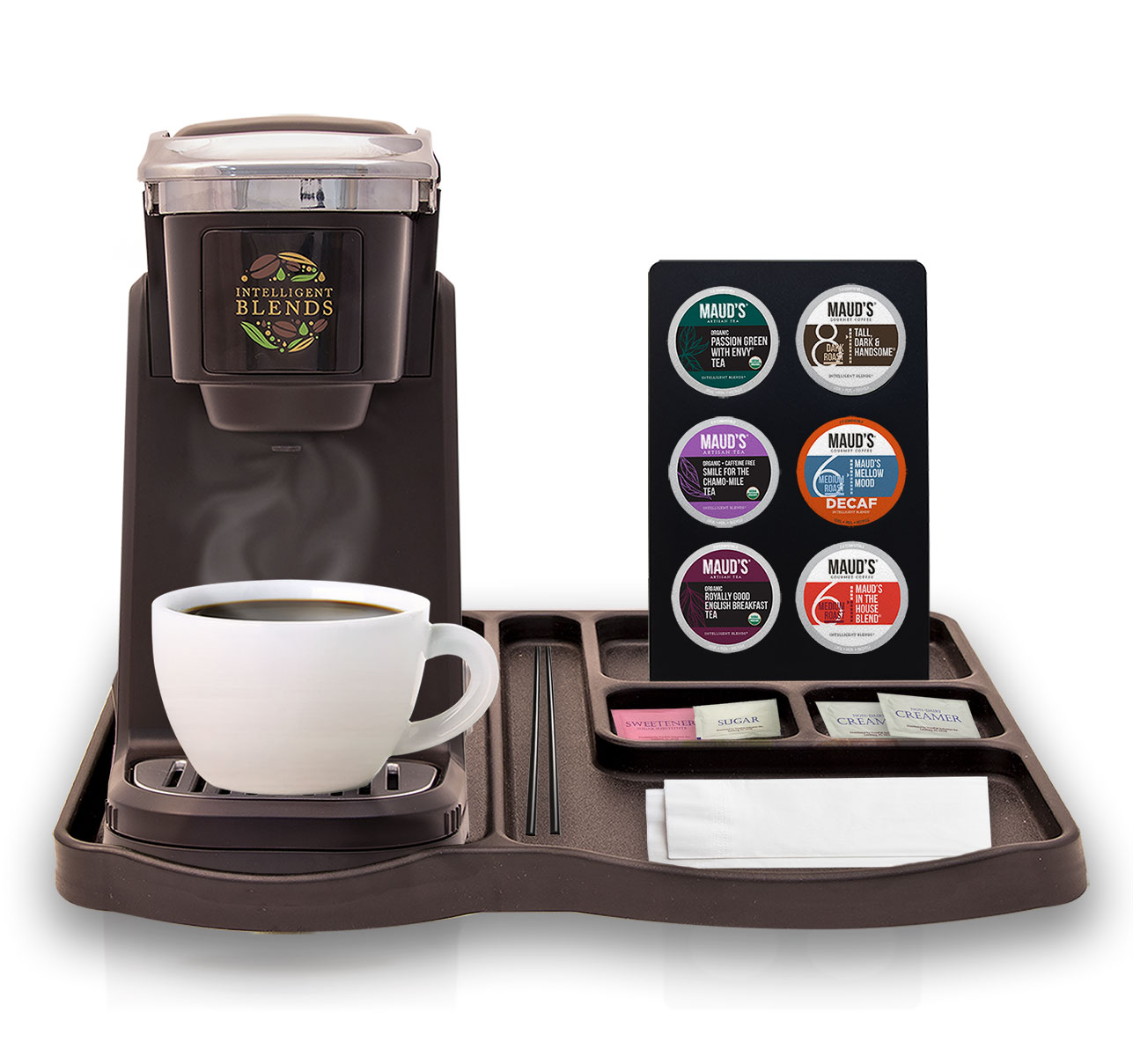 The Intelligent Blends Single-Serve brewer and accessories in-room coffee program