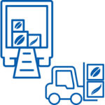 A blue line drawing of a truck and forklift.